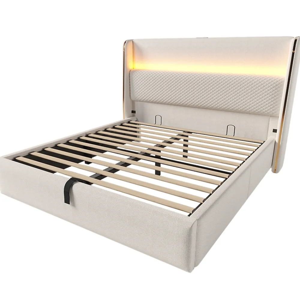 Lit coffre rembourré 140x200cm avec éclairage LED - ports USB et Type-C - tissu en Lin - Beige (sans matelas)>ModernLuxe Clearance