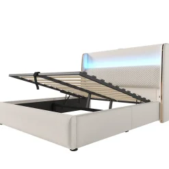 Lit coffre rembourré 140x200cm avec éclairage LED - ports USB et Type-C - tissu en Lin - Beige (sans matelas)><noscript><img width=
