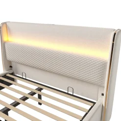 Lit coffre rembourré 140x200cm avec éclairage LED - ports USB et Type-C - tissu en Lin - Beige (sans matelas)><noscript><img width=