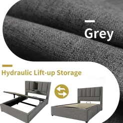 ModernLuxe Lit coffre rembourré 90x200cm avec porte-gobelet - ports USB et Type-C - avec sommier à lattes - Lin - Gris (sans matelas)* Lit Coffre