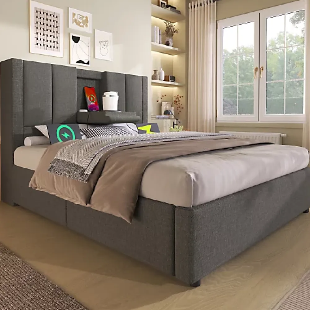 ModernLuxe Lit coffre rembourré 90x200cm avec porte-gobelet - ports USB et Type-C - avec sommier à lattes - Lin - Gris (sans matelas)* Lit Coffre