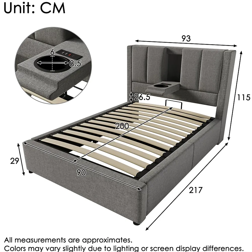 ModernLuxe Lit coffre rembourré 90x200cm avec porte-gobelet - ports USB et Type-C - avec sommier à lattes - Lin - Gris (sans matelas)* Lit Coffre
