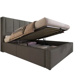ModernLuxe Lit coffre rembourré 90x200cm avec porte-gobelet - ports USB et Type-C - avec sommier à lattes - Lin - Gris (sans matelas)* Lit Coffre