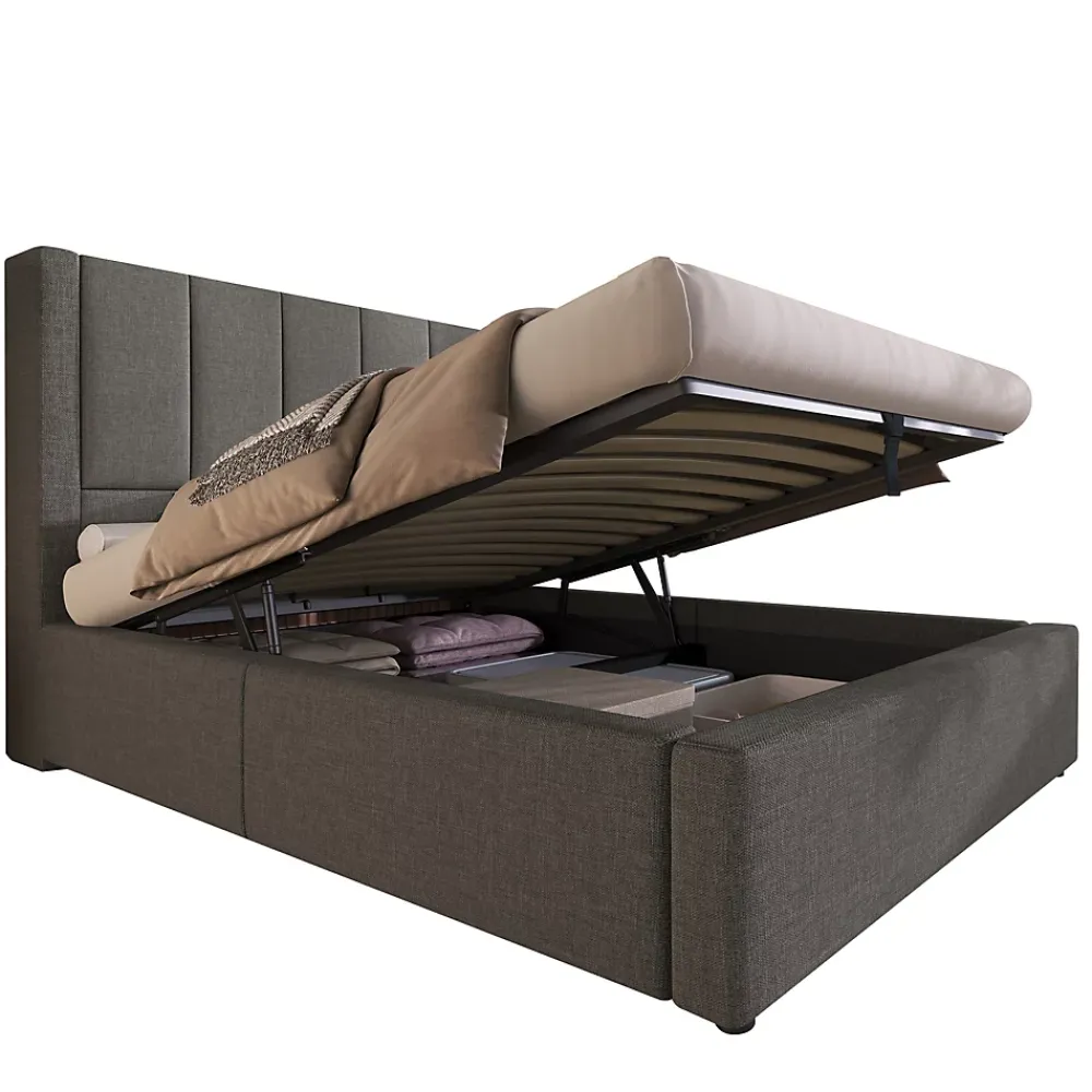 ModernLuxe Lit coffre rembourré 90x200cm avec porte-gobelet - ports USB et Type-C - avec sommier à lattes - Lin - Gris (sans matelas)* Lit Coffre