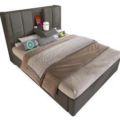 ModernLuxe Lit coffre rembourré 90x200cm avec porte-gobelet - ports USB et Type-C - avec sommier à lattes - Lin - Gris (sans matelas)* Lit Coffre