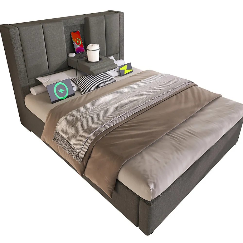 ModernLuxe Lit coffre rembourré 90x200cm avec porte-gobelet - ports USB et Type-C - avec sommier à lattes - Lin - Gris (sans matelas)* Lit Coffre