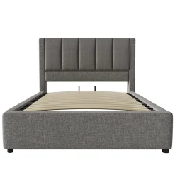 ModernLuxe Lit coffre rembourré 90x200cm avec porte-gobelet - ports USB et Type-C - avec sommier à lattes - Lin - Gris (sans matelas)* Lit Coffre