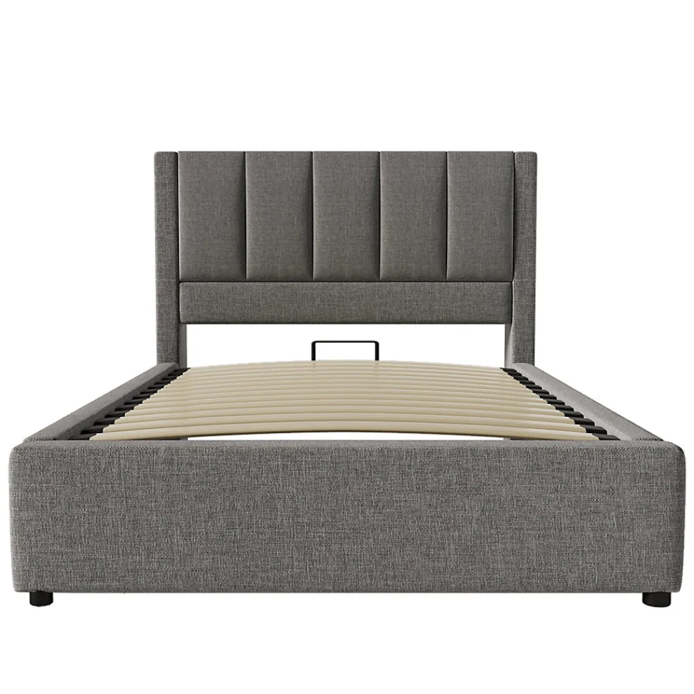 ModernLuxe Lit coffre rembourré 90x200cm avec porte-gobelet - ports USB et Type-C - avec sommier à lattes - Lin - Gris (sans matelas)* Lit Coffre