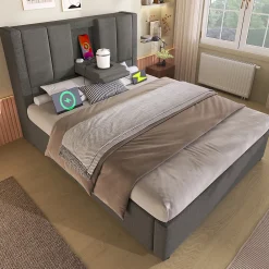 ModernLuxe Lit coffre rembourré 90x200cm avec porte-gobelet - ports USB et Type-C - avec sommier à lattes - Lin - Gris (sans matelas)* Lit Coffre
