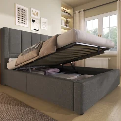 ModernLuxe Lit coffre rembourré 90x200cm avec porte-gobelet - ports USB et Type-C - avec sommier à lattes - Lin - Gris (sans matelas)* Lit Coffre