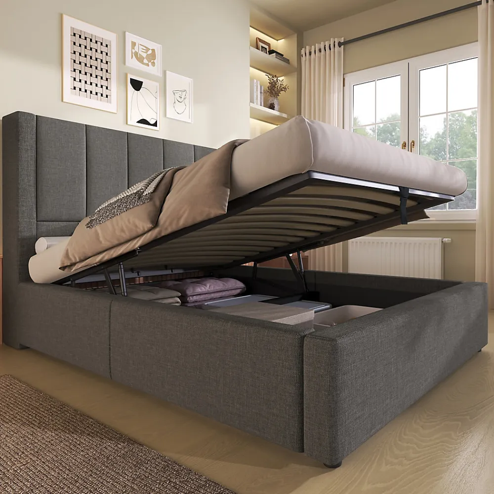 ModernLuxe Lit coffre rembourré 90x200cm avec porte-gobelet - ports USB et Type-C - avec sommier à lattes - Lin - Gris (sans matelas)* Lit Coffre