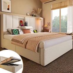 ModernLuxe Lit coffre rembourré 90x200cm avec porte-gobelet - ports USB et Type-C - avec sommier à lattes - Lin - Beige (sans matelas)* Lit Coffre