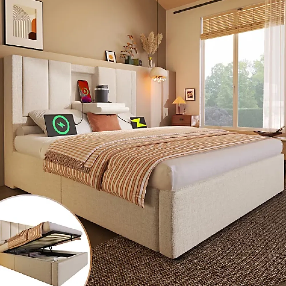 ModernLuxe Lit coffre rembourré 90x200cm avec porte-gobelet - ports USB et Type-C - avec sommier à lattes - Lin - Beige (sans matelas)* Lit Coffre