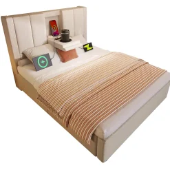 ModernLuxe Lit coffre rembourré 90x200cm avec porte-gobelet - ports USB et Type-C - avec sommier à lattes - Lin - Beige (sans matelas)* Lit Coffre