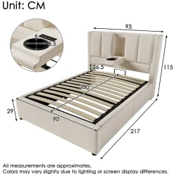 ModernLuxe Lit coffre rembourré 90x200cm avec porte-gobelet - ports USB et Type-C - avec sommier à lattes - Lin - Beige (sans matelas)* Lit Coffre