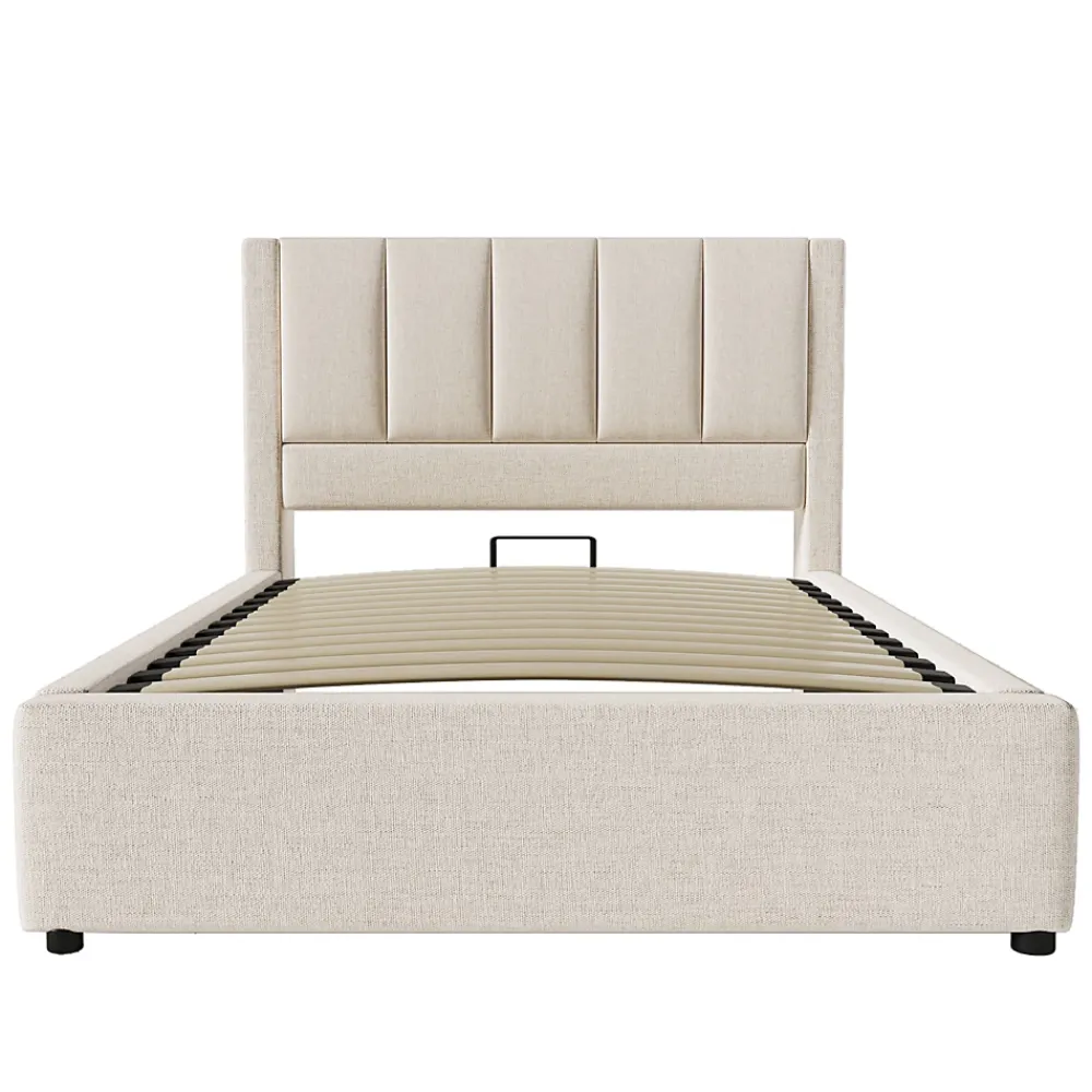 ModernLuxe Lit coffre rembourré 90x200cm avec porte-gobelet - ports USB et Type-C - avec sommier à lattes - Lin - Beige (sans matelas)* Lit Coffre