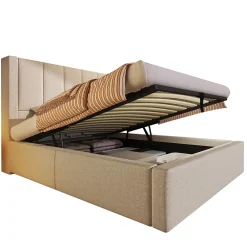 ModernLuxe Lit coffre rembourré 90x200cm avec porte-gobelet - ports USB et Type-C - avec sommier à lattes - Lin - Beige (sans matelas)* Lit Coffre