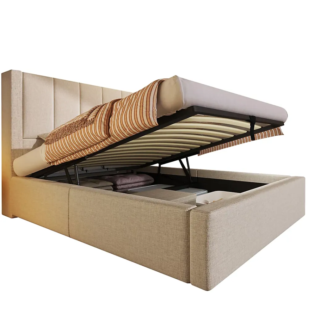 ModernLuxe Lit coffre rembourré 90x200cm avec porte-gobelet - ports USB et Type-C - avec sommier à lattes - Lin - Beige (sans matelas)* Lit Coffre