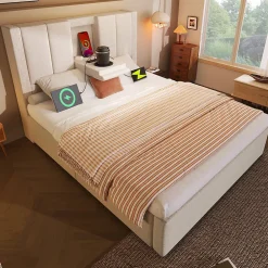 ModernLuxe Lit coffre rembourré 90x200cm avec porte-gobelet - ports USB et Type-C - avec sommier à lattes - Lin - Beige (sans matelas)* Lit Coffre