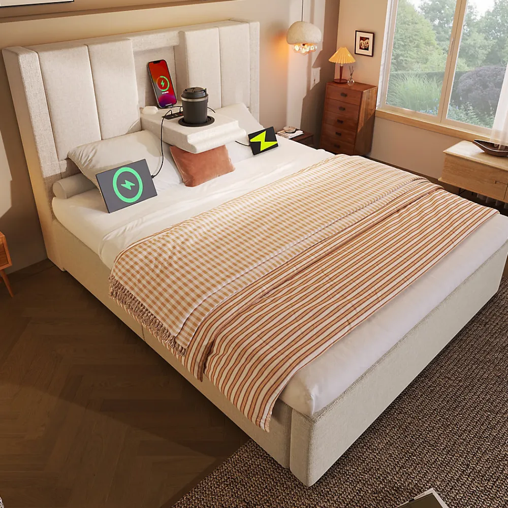 ModernLuxe Lit coffre rembourré 90x200cm avec porte-gobelet - ports USB et Type-C - avec sommier à lattes - Lin - Beige (sans matelas)* Lit Coffre