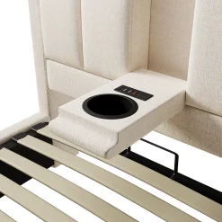 ModernLuxe Lit coffre rembourré 90x200cm avec porte-gobelet - ports USB et Type-C - avec sommier à lattes - Lin - Beige (sans matelas)* Lit Coffre