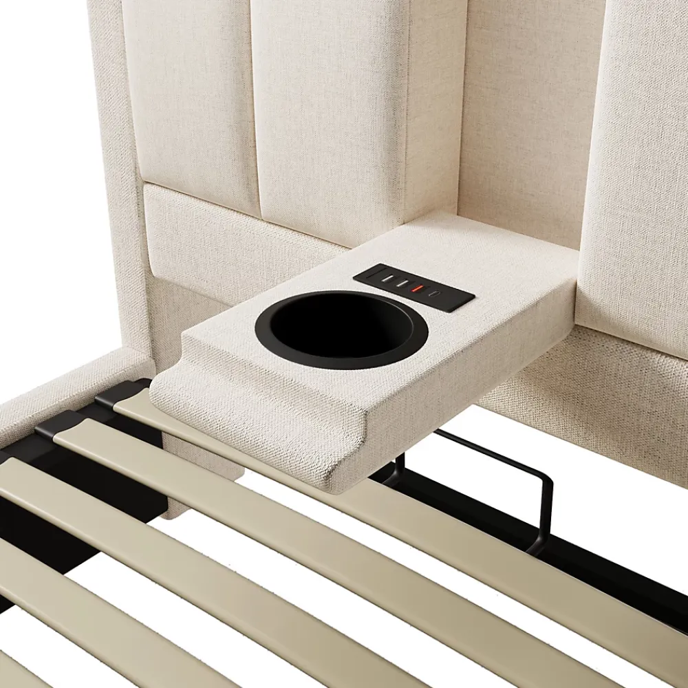 ModernLuxe Lit coffre rembourré 90x200cm avec porte-gobelet - ports USB et Type-C - avec sommier à lattes - Lin - Beige (sans matelas)* Lit Coffre