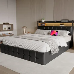 Lit coffre rembourré 140x200cm en tissu de pu - avec LED et port de charge - avec sommier à lattes - Noir>Simple Life Hot