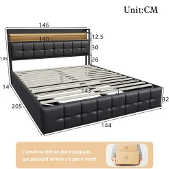 Lit coffre rembourré 140x200cm en tissu de pu - avec LED et port de charge - avec sommier à lattes - Noir><noscript><img width=