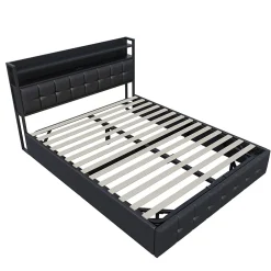 Lit coffre rembourré 140x200cm en tissu de pu - avec LED et port de charge - avec sommier à lattes - Noir><noscript><img width=