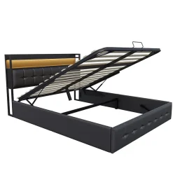 Lit coffre rembourré 140x200cm en tissu de pu - avec LED et port de charge - avec sommier à lattes - Noir><noscript><img width=