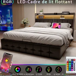 Lit coffre rembourré 140x200cm en tissu de pu - avec LED et port de charge - avec sommier à lattes - Noir><noscript><img width=