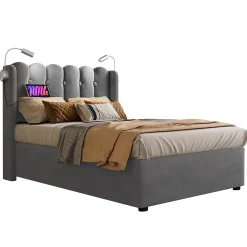 Blackcolors Lit Coffre Simple Rembourré Tête De Lit Rangement Velours 90x200 Gris* Lit Coffre