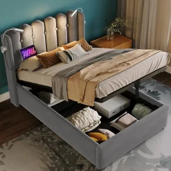 Blackcolors Lit Coffre Simple Rembourré Tête De Lit Rangement Velours 90x200 Gris* Lit Coffre