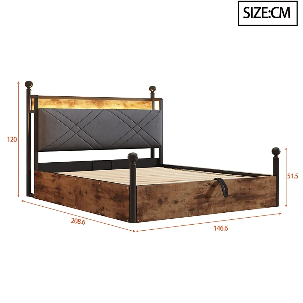 Okwish Lit Coffre Simple 90x190 cm - Baldaquin et Éclairage LED, Rangement Hydraulique Sous Sommier, Ports USB/Type-C, Sans Matelas, Noir* Lit Coffre
