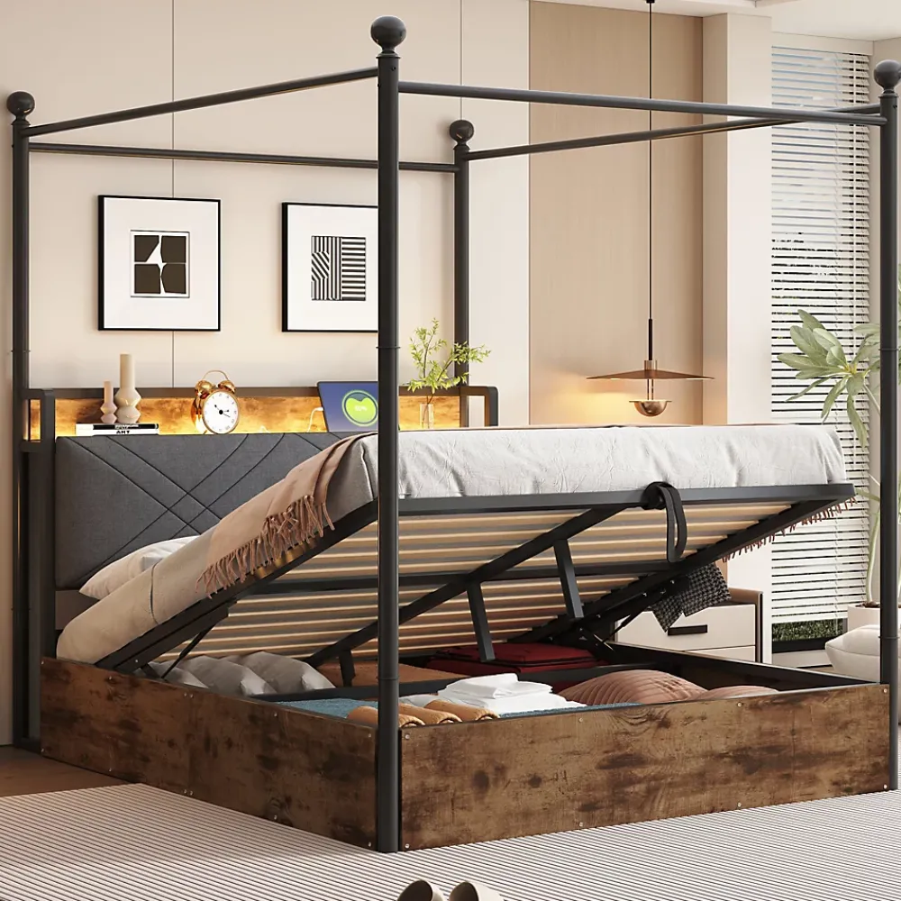 Okwish Lit Coffre Simple 90x190 cm - Baldaquin et Éclairage LED, Rangement Hydraulique Sous Sommier, Ports USB/Type-C, Sans Matelas, Noir* Lit Coffre