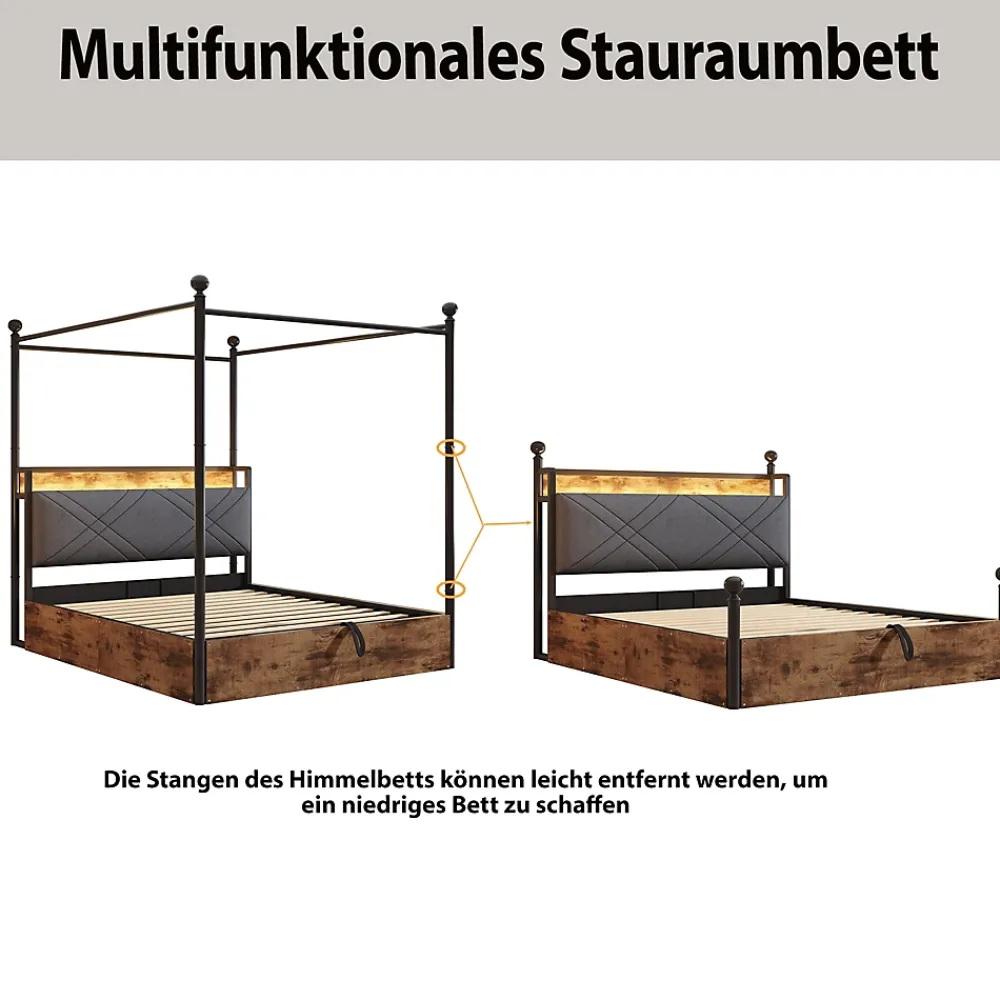 Okwish Lit Coffre Simple 90x190 cm - Baldaquin et Éclairage LED, Rangement Hydraulique Sous Sommier, Ports USB/Type-C, Sans Matelas, Noir* Lit Coffre