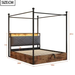 Okwish Lit Coffre Simple 90x190 cm - Baldaquin et Éclairage LED, Rangement Hydraulique Sous Sommier, Ports USB/Type-C, Sans Matelas, Noir* Lit Coffre