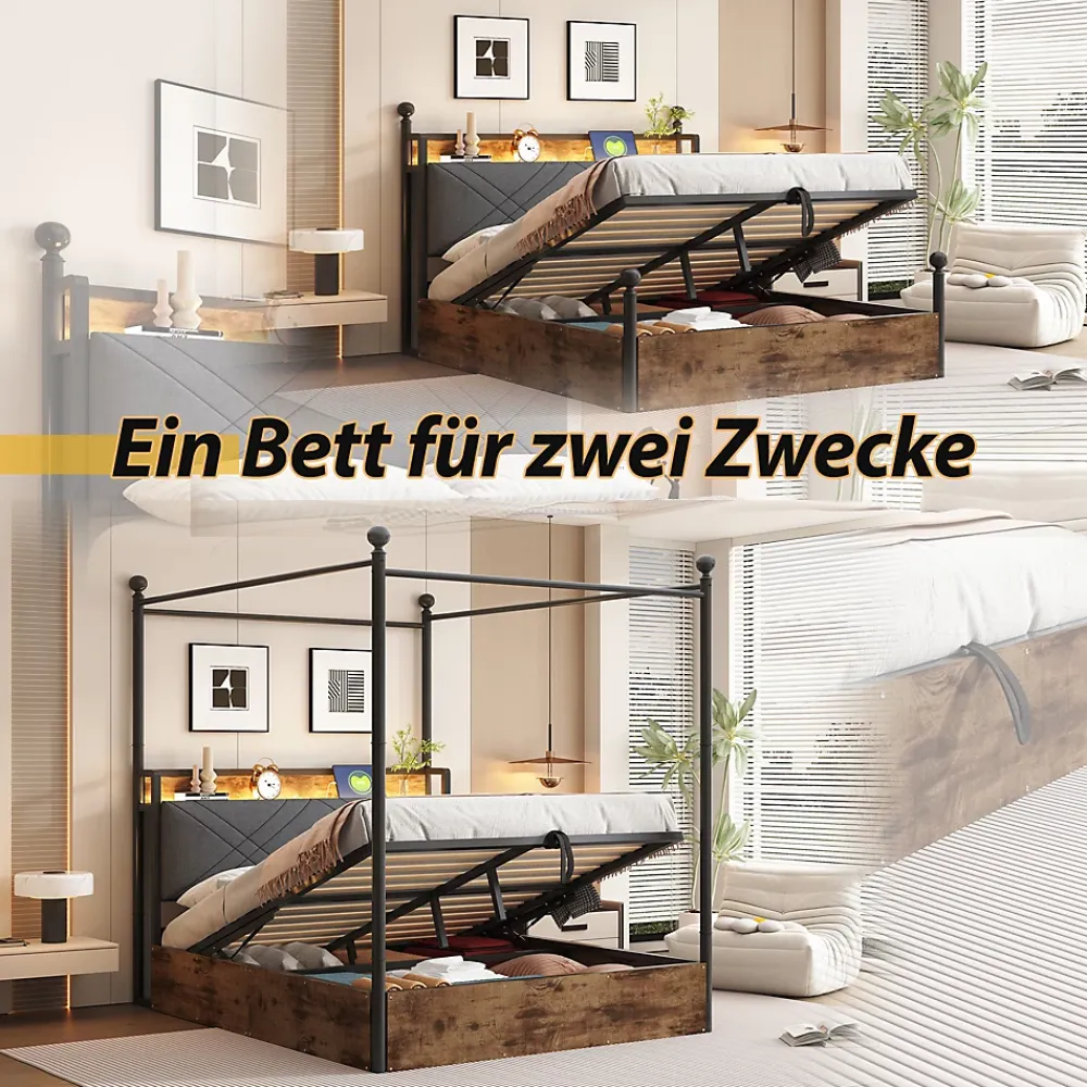 Okwish Lit Coffre Simple 90x190 cm - Baldaquin et Éclairage LED, Rangement Hydraulique Sous Sommier, Ports USB/Type-C, Sans Matelas, Noir* Lit Coffre