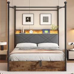 Okwish Lit Coffre Simple 90x190 cm - Baldaquin et Éclairage LED, Rangement Hydraulique Sous Sommier, Ports USB/Type-C, Sans Matelas, Noir* Lit Coffre