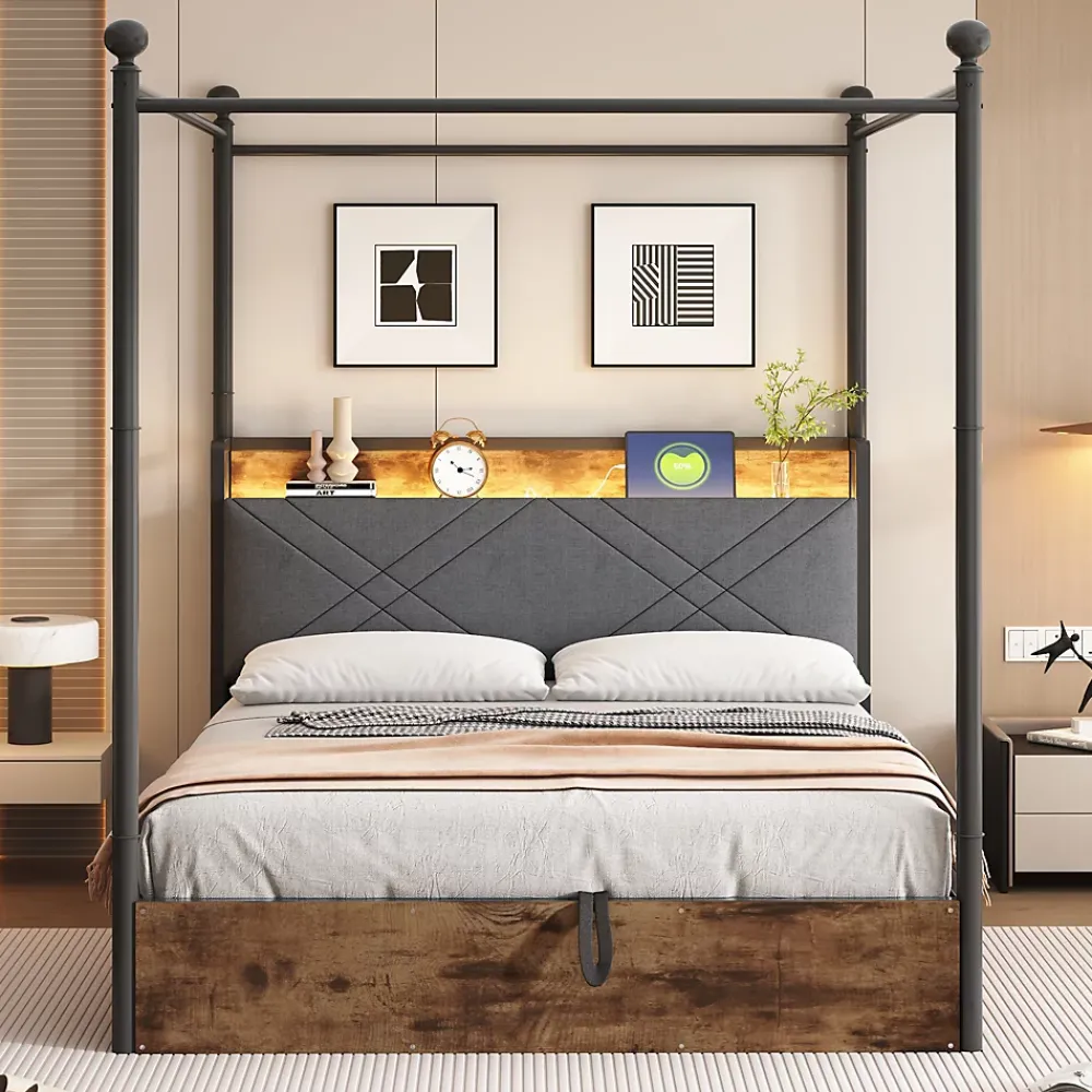 Okwish Lit Coffre Simple 90x190 cm - Baldaquin et Éclairage LED, Rangement Hydraulique Sous Sommier, Ports USB/Type-C, Sans Matelas, Noir* Lit Coffre