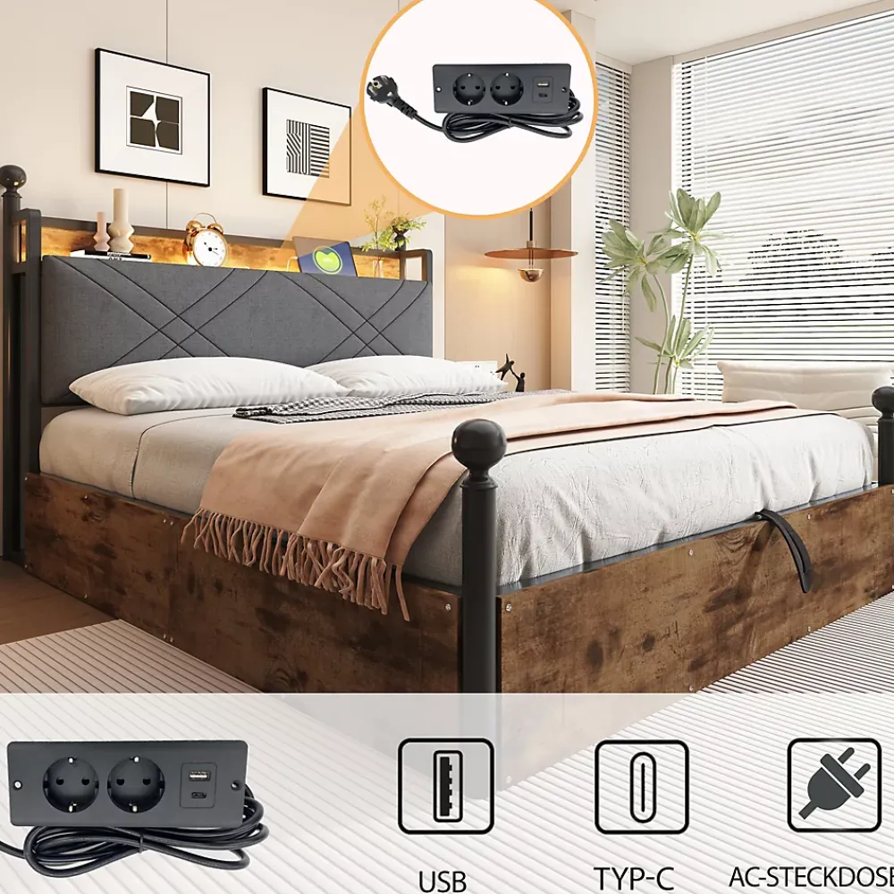 Okwish Lit Coffre Simple 90x190 cm - Baldaquin et Éclairage LED, Rangement Hydraulique Sous Sommier, Ports USB/Type-C, Sans Matelas, Noir* Lit Coffre