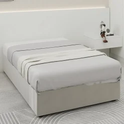 Lit Coffre Simple 90x200 cm - Lit Avec Vérin Pour Ouverture Facile, Bas et Moderne, Sans Tête de Lit, Sans Matelas, Velours Beige>Okwish Outlet