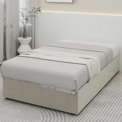 Lit Coffre Simple 90x200 cm - Lit Avec Vérin Pour Ouverture Facile, Bas et Moderne, Sans Tête de Lit, Sans Matelas, Velours Beige>Okwish Outlet