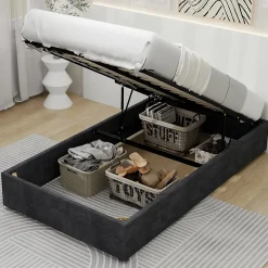 Okwish Lit Coffre Simple 90x200 cm - Lit Avec Vérin Pour Ouverture Facile, Bas et Moderne, Sans Tête de Lit, Sans Matelas, Velours Gris* Lit Coffre