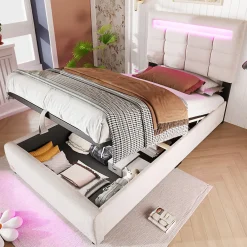 Lit Coffre Simple 90x200 Cm - Lit Coffre Enfant/Ado Avec LED Et USB, Système Hydraulique De Rangement, Tissu En Lin, Beige>Okwish Hot