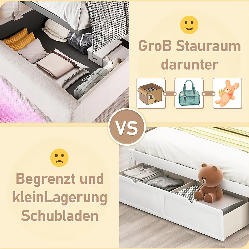 Lit Coffre Simple 90x200 Cm - Lit Coffre Enfant/Ado Avec LED Et USB, Système Hydraulique De Rangement, Tissu En Lin, Beige>Okwish Hot