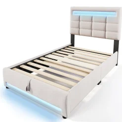 Lit Coffre Simple 90x200 Cm - Lit Coffre Enfant/Ado Avec LED Et USB, Système Hydraulique De Rangement, Tissu En Lin, Beige><noscript><img width=