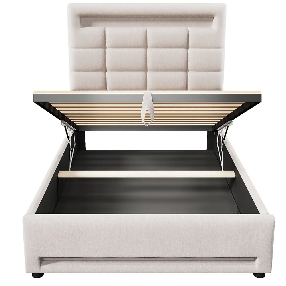 Lit Coffre Simple 90x200 Cm - Lit Coffre Enfant/Ado Avec LED Et USB, Système Hydraulique De Rangement, Tissu En Lin, Beige>Okwish Hot