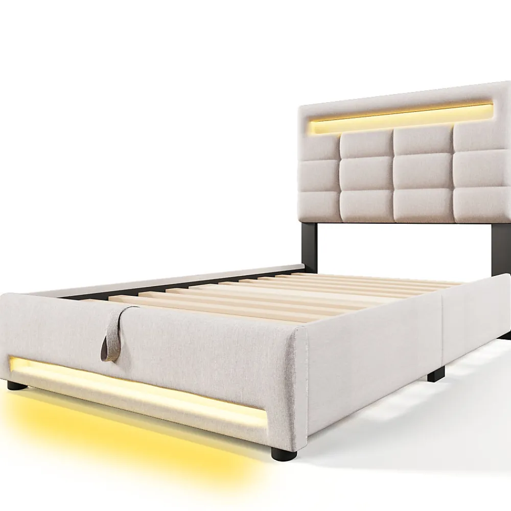 Lit Coffre Simple 90x200 Cm - Lit Coffre Enfant/Ado Avec LED Et USB, Système Hydraulique De Rangement, Tissu En Lin, Beige>Okwish Hot