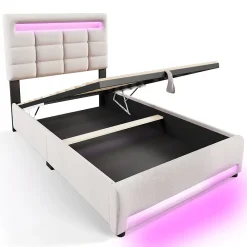Lit Coffre Simple 90x200 Cm - Lit Coffre Enfant/Ado Avec LED Et USB, Système Hydraulique De Rangement, Tissu En Lin, Beige><noscript><img width=